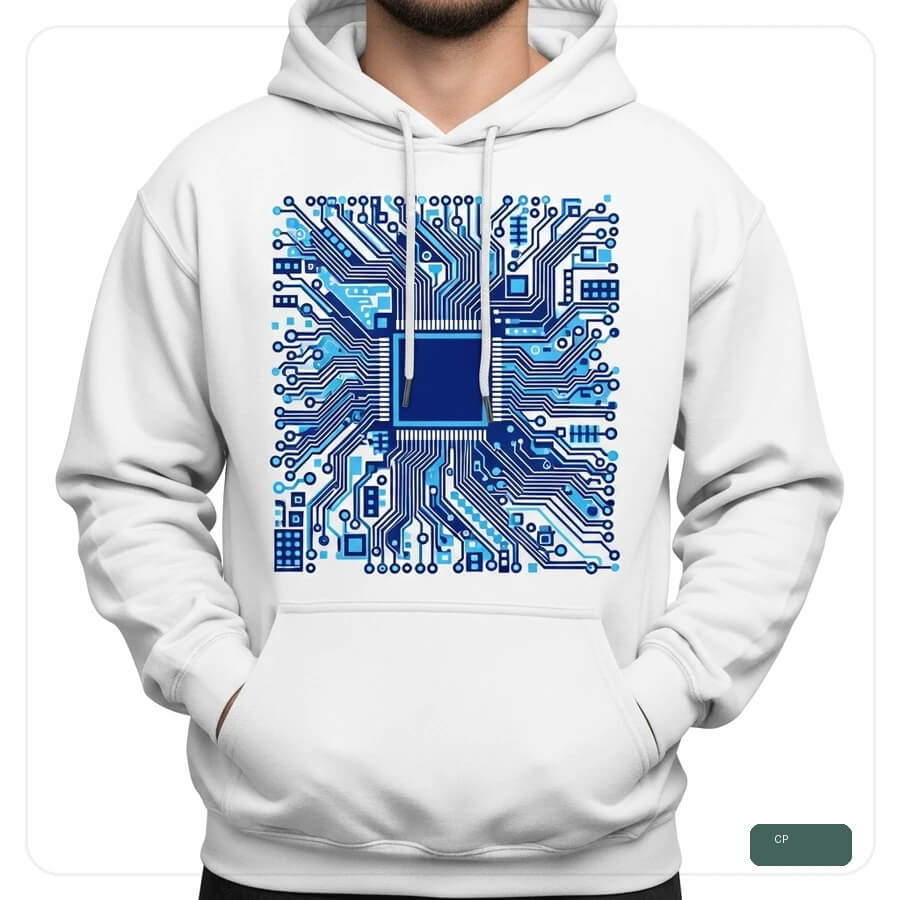Weißer Cotton Peak Hoodie mit blauem, von Elektronik inspiriertem Design