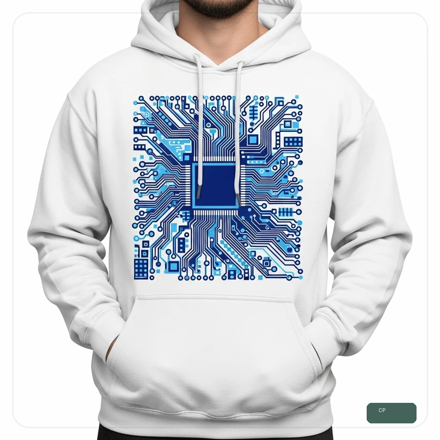 Biała bluza Cotton Peak z niebieskim wzorem inspirowanym elektroniką